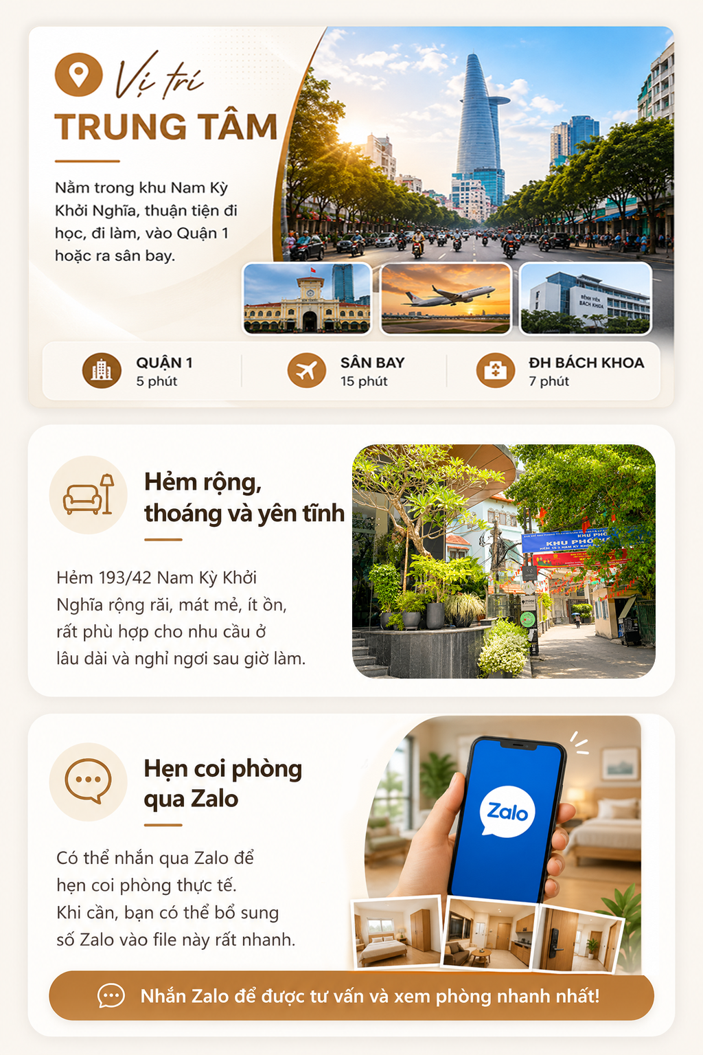 Thông tin vị trí trung tâm, hẻm rộng thoáng và hẹn coi phòng qua Zalo.